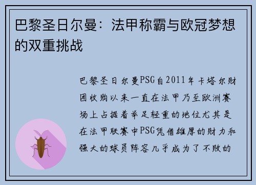 巴黎圣日尔曼：法甲称霸与欧冠梦想的双重挑战